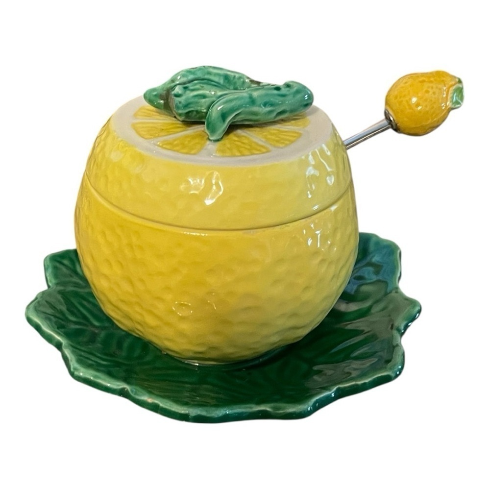Lemon Pot, Vintage, Yellow & Green, Lemon Lid w/Fork, Realistic